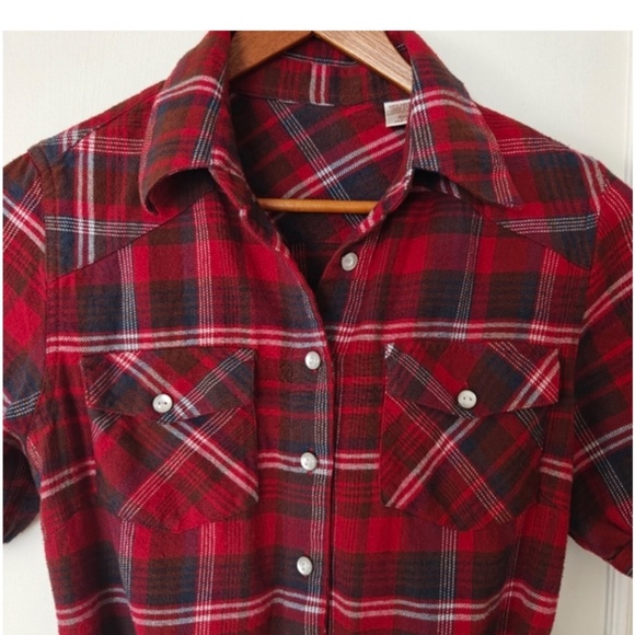 Red Plaid Belted  Cotton Mini Shirt Dress - Sz Med, 90s, y2k - Picture 2 of 13